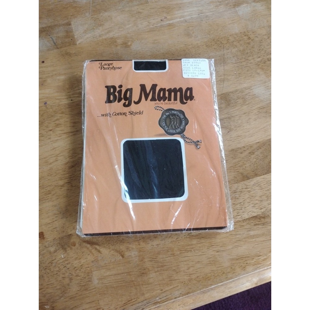 Vintage Big Mama Large Pantyhose Jet Black Fits 5'-5'9", 165-230 Lbs.